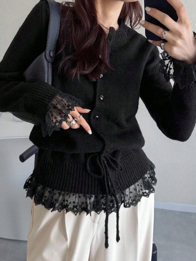 SHEIN CZARNY SWETER KORONKA VBU S06__L