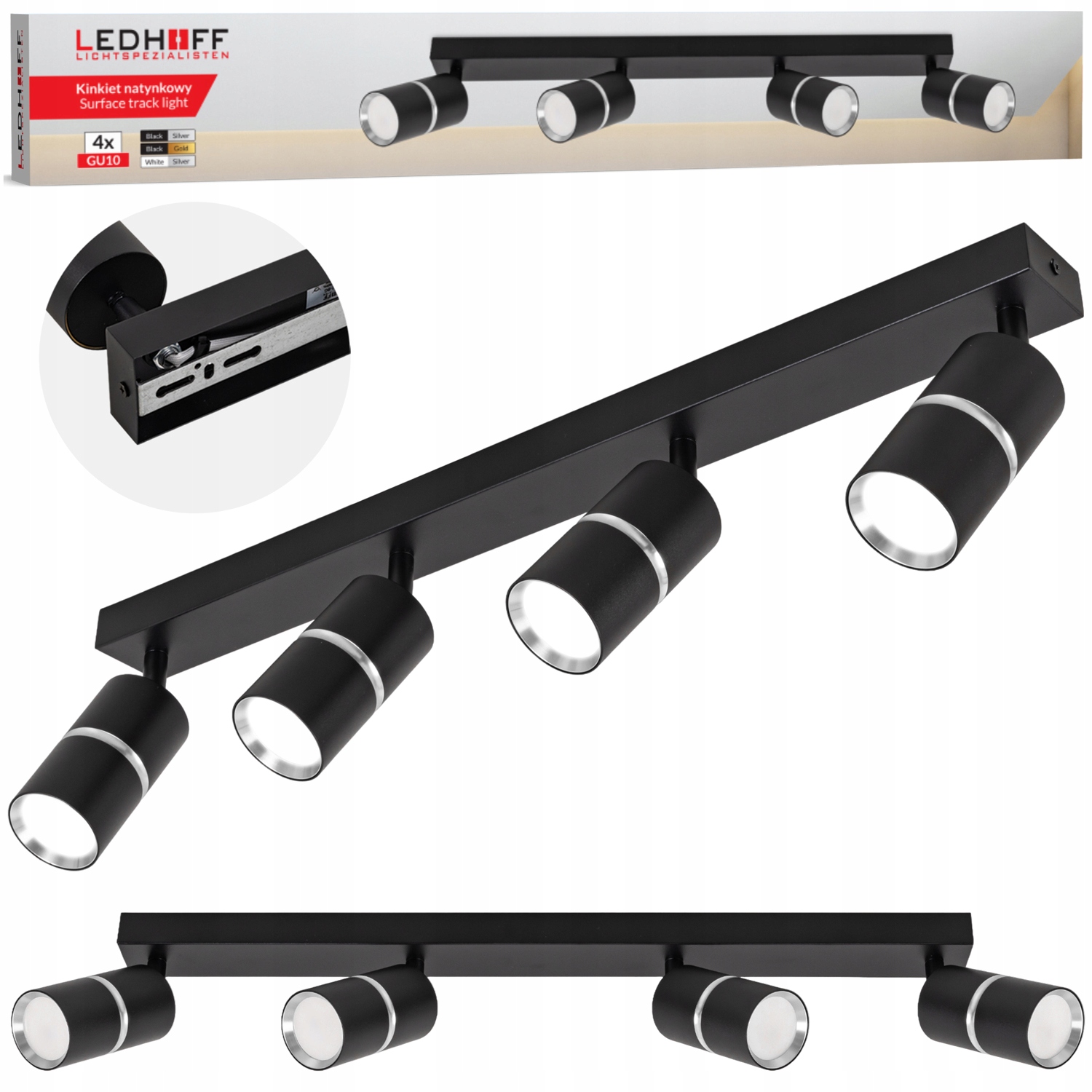 Lampa sufitowa Led szyna Spot oprawa halogenowa 4x GU10 Tuba Czarna srebrna