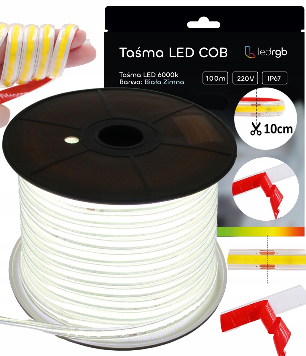 Led Páska Cob 100 m 230 V Bílá Studená 6000K Řezaná Každých 10 CM Bez Napájecího Zdroje IP67