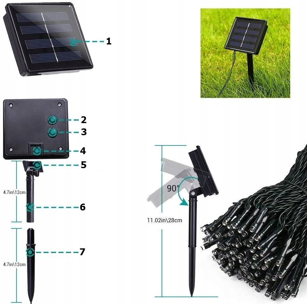 LAMPKI CHOINKOWE SOLARNE 100 LED BIAŁE CIEPŁE 12M 8 TRYBÓW Długość sznura 12 m