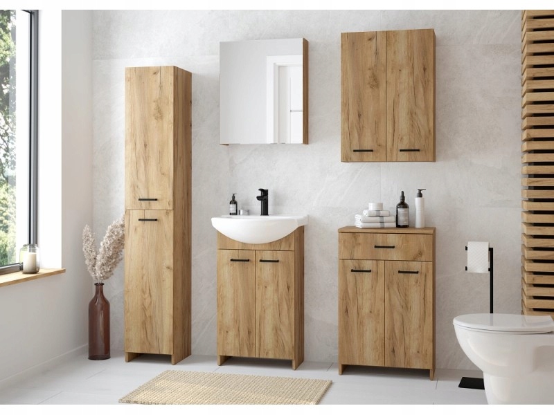 Szafka 50 cm DĄB stojąca z umywalką + bateria czarna ELASTYCZNA WYLEWKA Materiał MDF