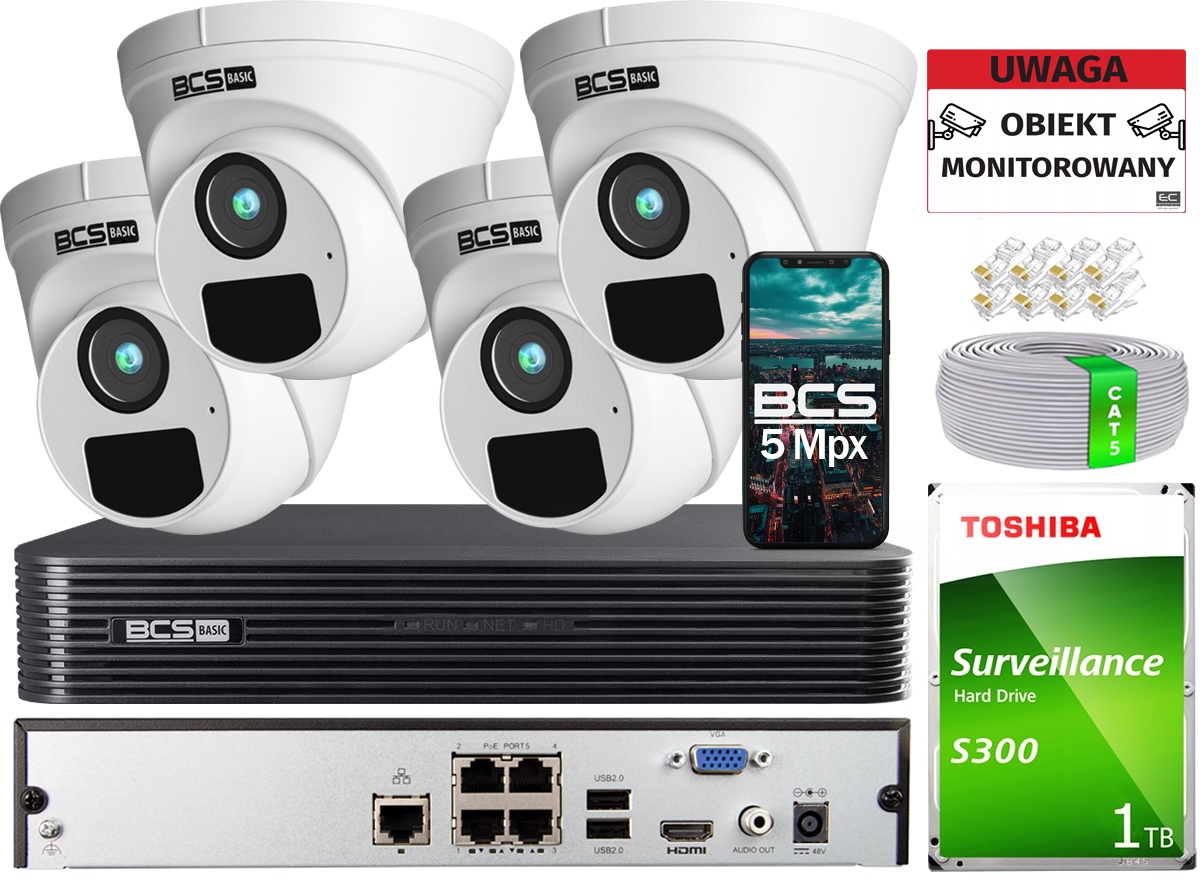 Monitorovanie Ip Komplet 4 kamery 5Mpx Ir 30 m PoE rekordér 1TB disk