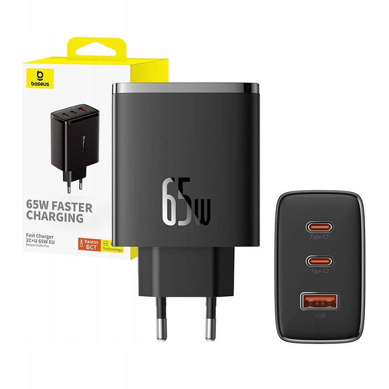 BASEUS SZYBKA ŁADOWARKA SIECIOWA ZASILACZ 2X USB-C + USB PD 3.0 QC 3.0 65W