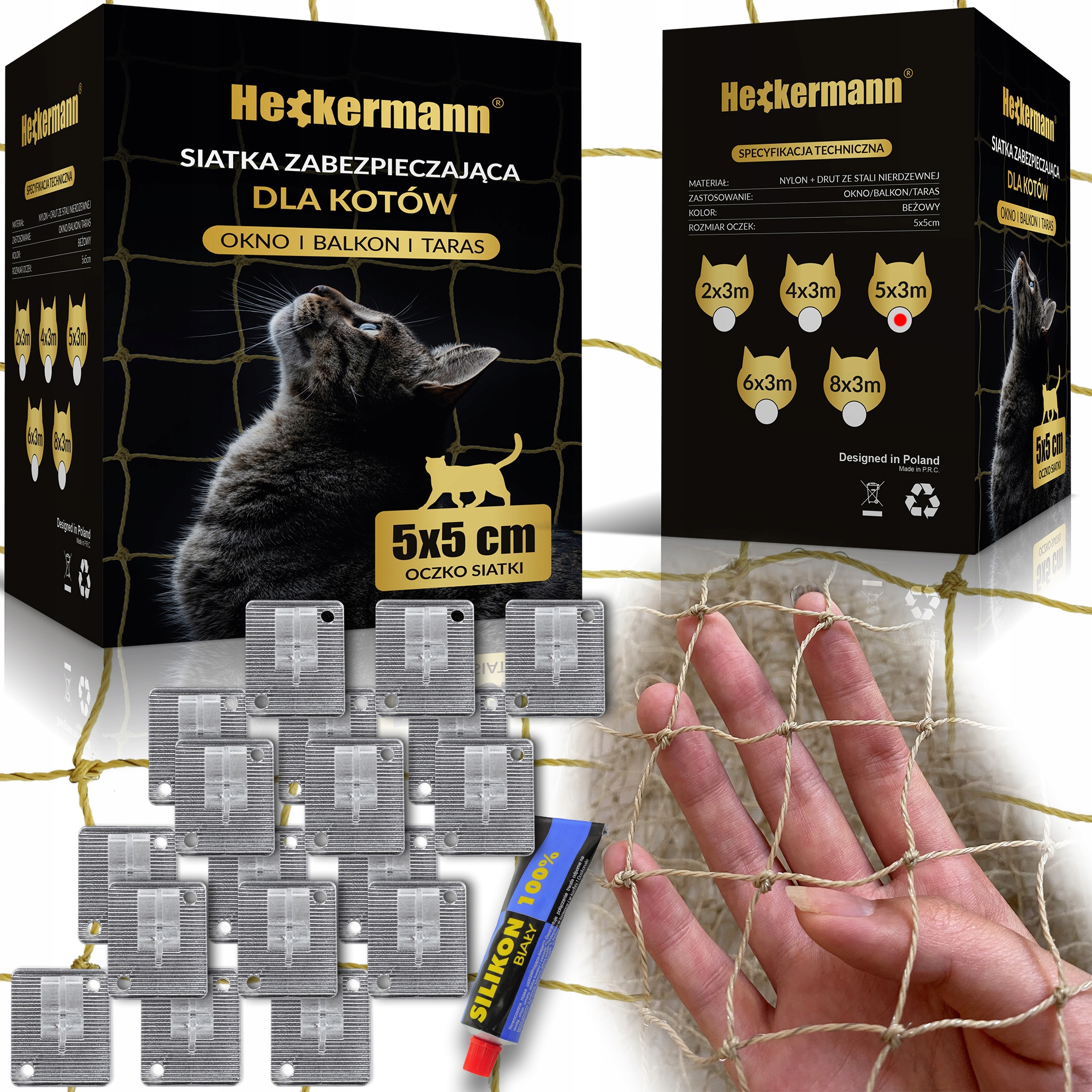 Levně Sada Síť na balkon pro kočky Heckermann 5x3 m lepidlo na síť na balko