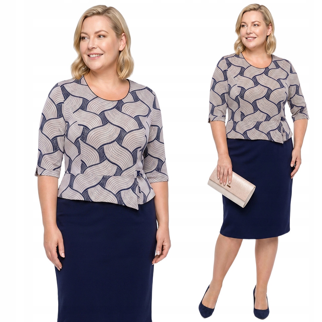 Tmavě modrá šaty s baskinkou a vzory plus size, velikost 48