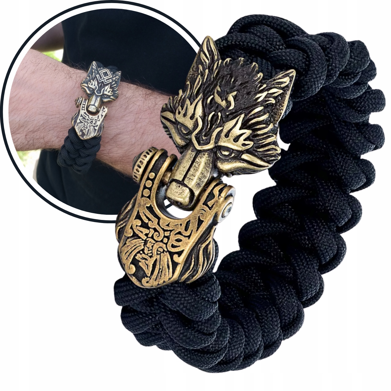 Pánský elegantní Dárek Pánský Náramek pletený paracord Vlk Viking Černý