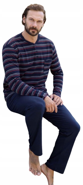 Tmavě Modré Pyžamo, Pruhy, Výstřih Do V, Knoflíky Na 3 Bavlna , Bavlna XXL