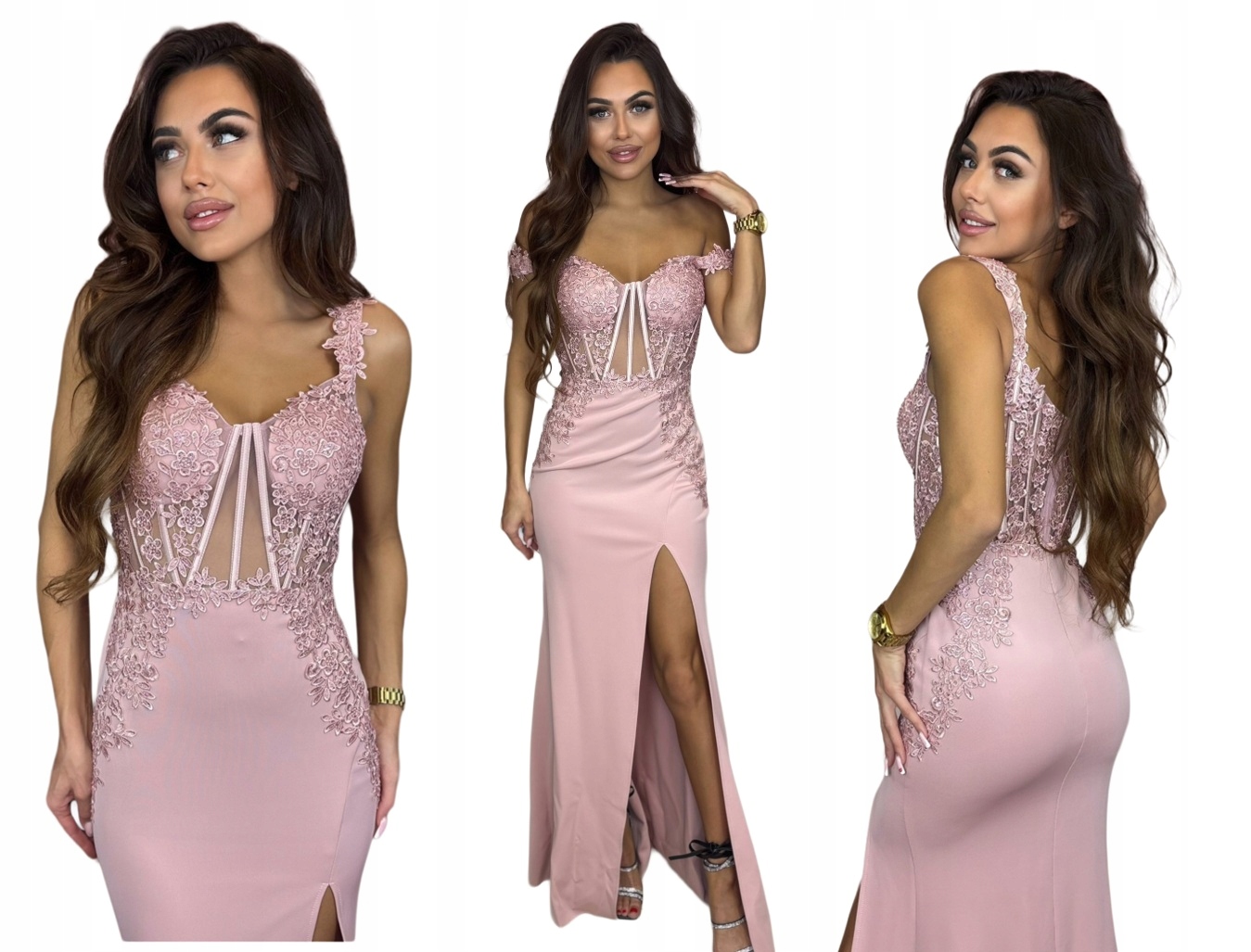 Aradis pudrová růžová dlouhá šaty rybka s rozparkem na ples svatební hostina družičky S