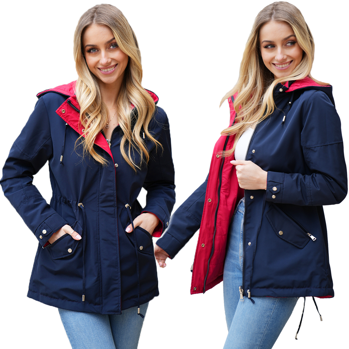 Oboustranná Vypasovaná Jarní bunda Parka Kapuce 3 Barvy Přechodová S