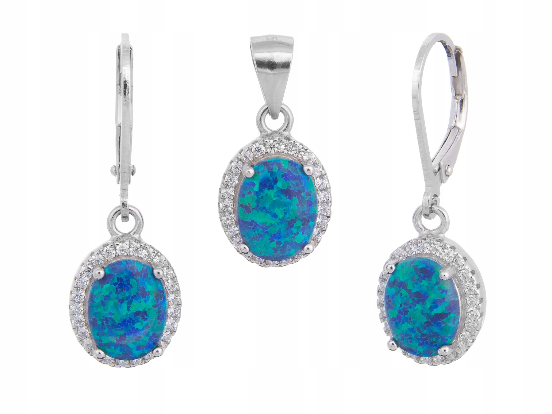 Nádherná Stříbrná Sada S Opálem (rhodiovaná) Náhrdelník Přívěsek!