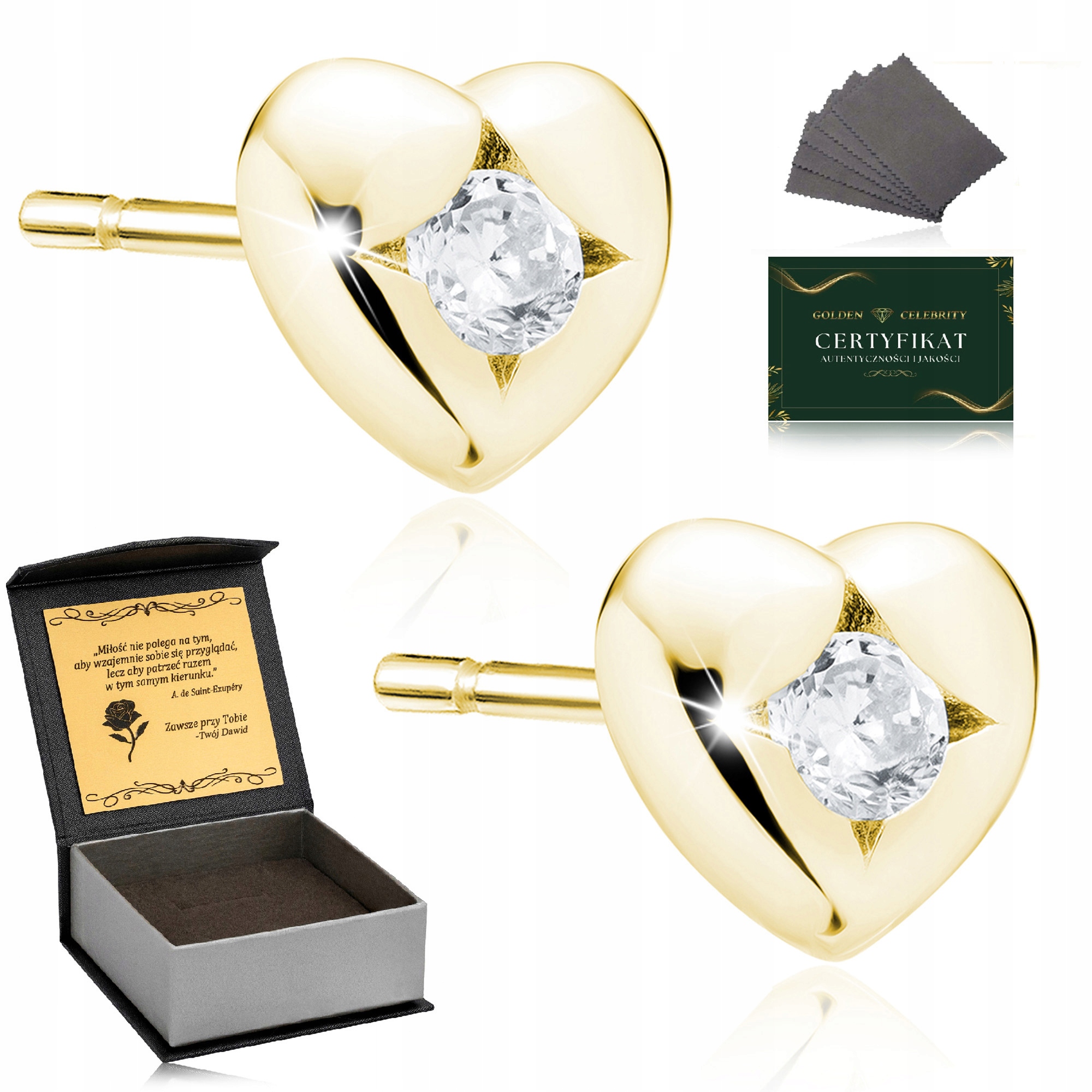 Jemné Zlaté Náušnice 925 Srdíčka Se Zirkony Dárek Pro Ni+gravírování