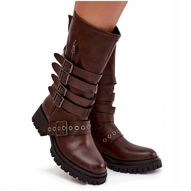 Dámské Kozačky Z Eko Kůže, Pásky S Přezkami, Nazouvací, Hnědé, Velikost 39