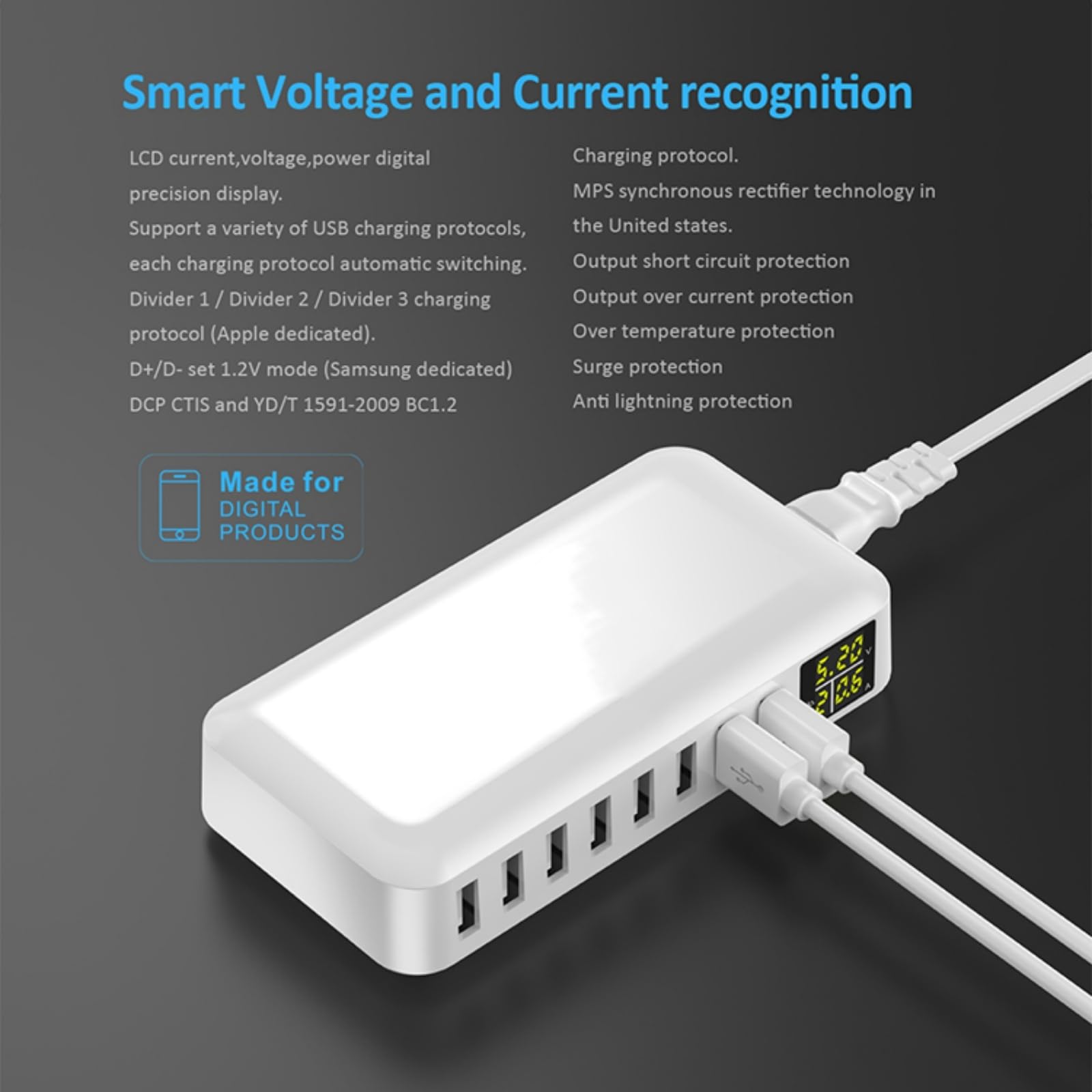 Ładowarka USB z wyświetlaczem LED, 40 W, zasilacz USB, 8 portów — miniatura 5