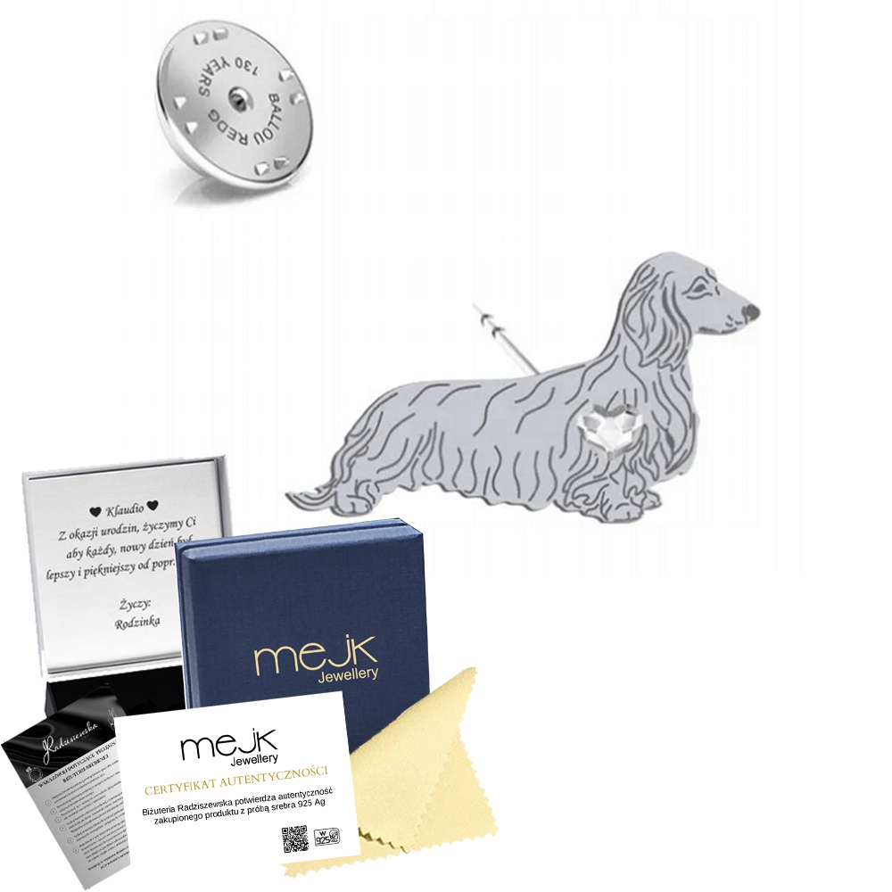 Odznak Stříbrná se psem Jezevčík dlouhosrstý 925 Šperky Dárek Dedikace