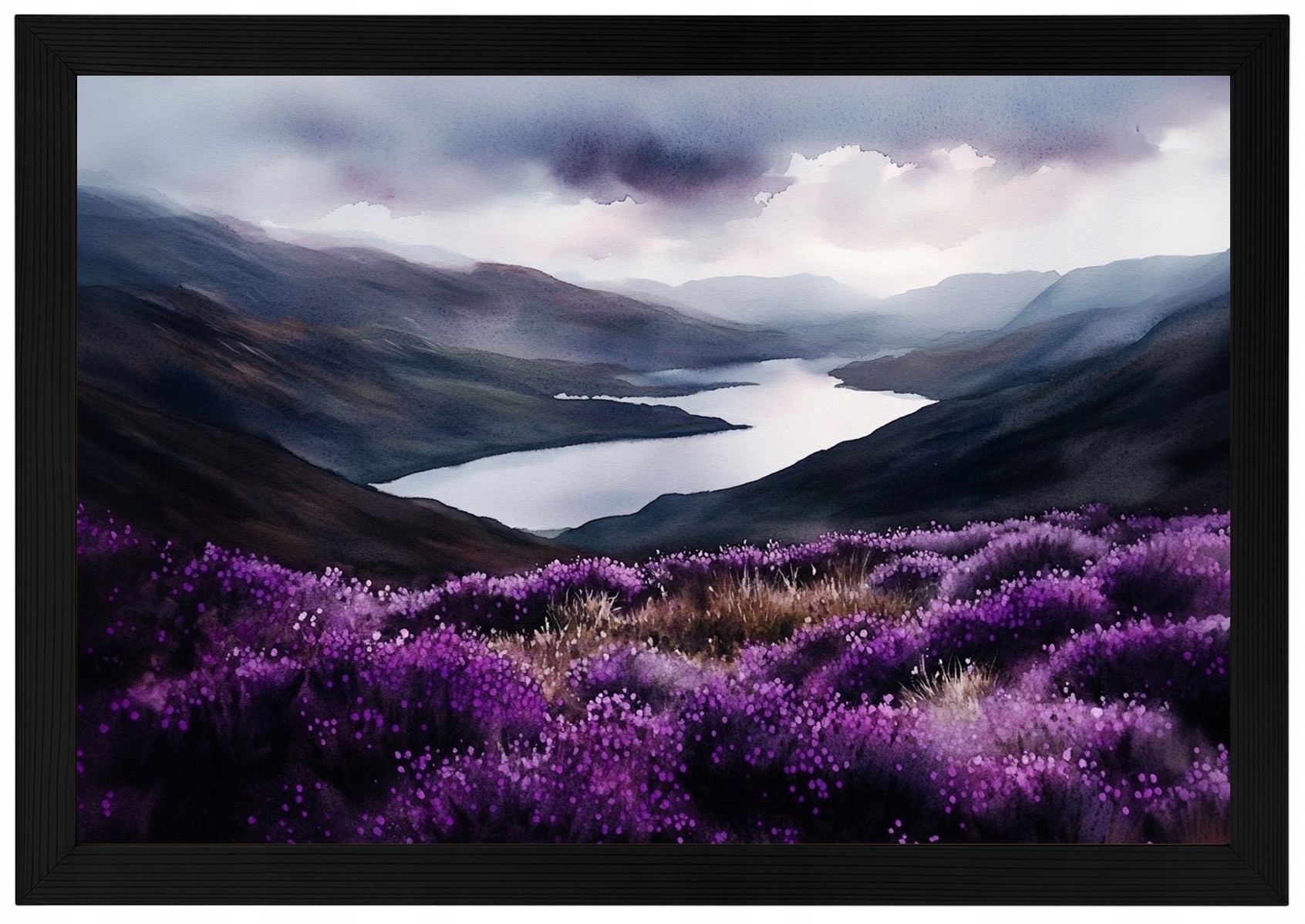 Plakát Rámeček Dřevo Krajina Pohled Skotsko Hory Fiord Vřesoviště 60x40