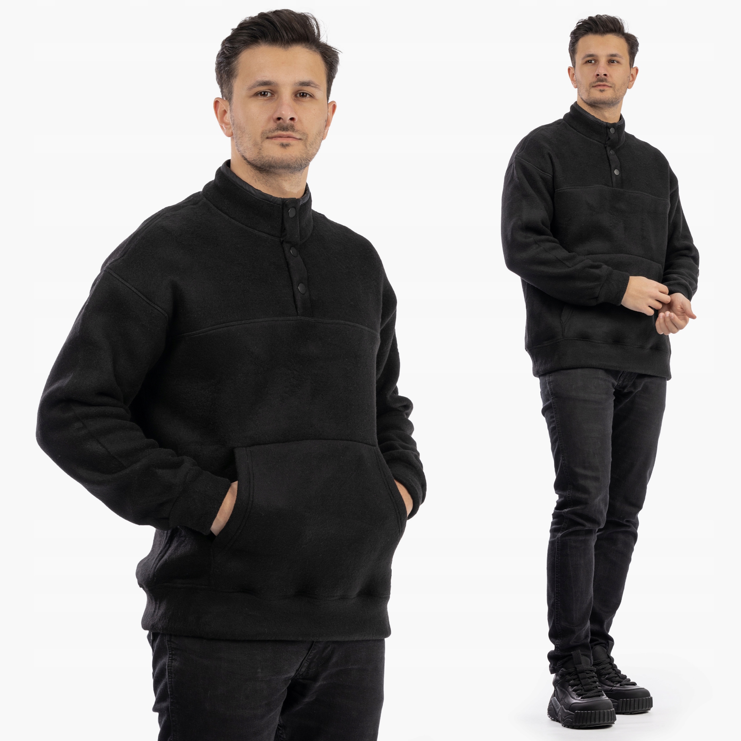 Polar Męski Z Kołnierzem Ciepły Gruby Bluza Modna Casual Czarna S