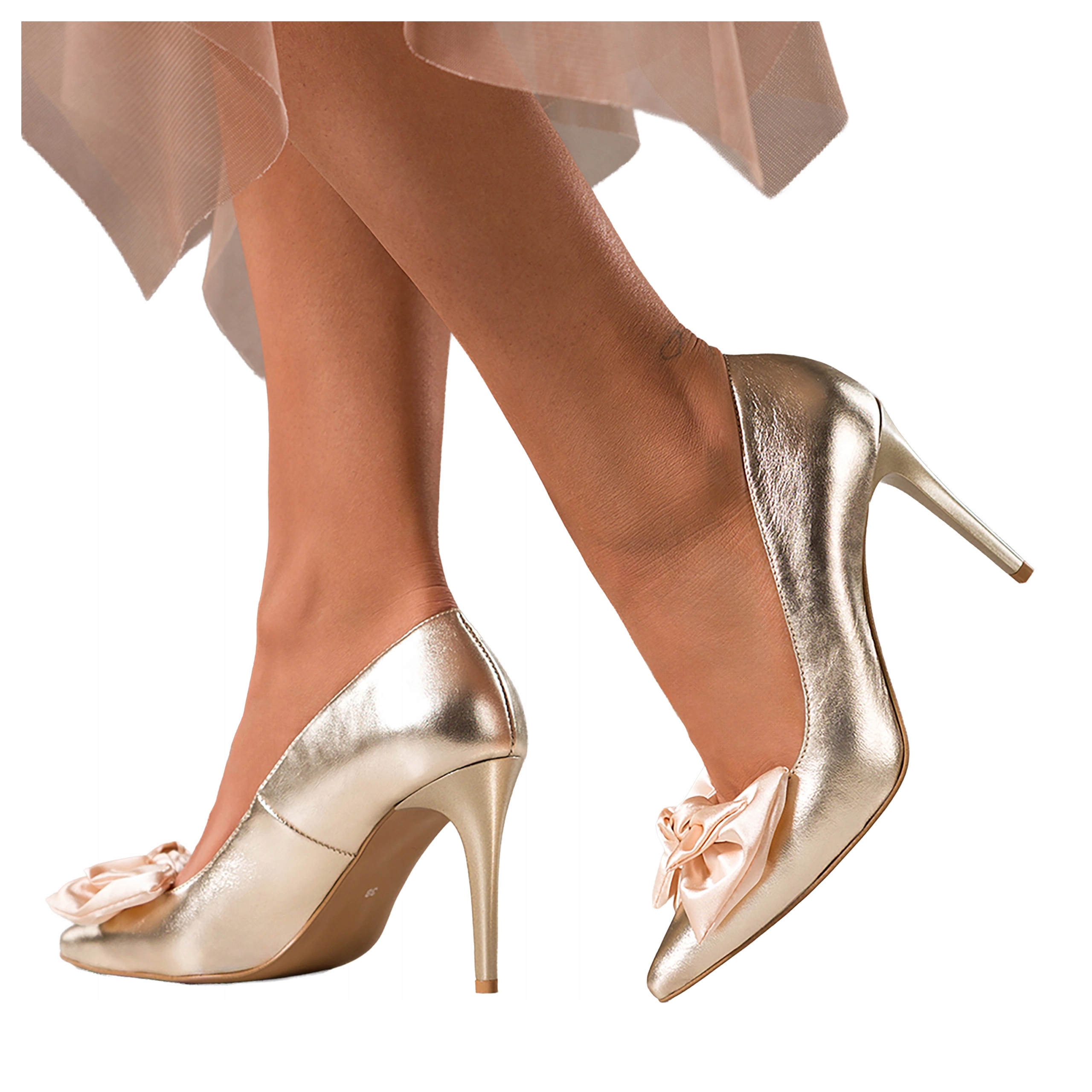 Zlaté Lodičky Dámské Kožené Polské Saténová Mašle Módní Lodičky vel. 37