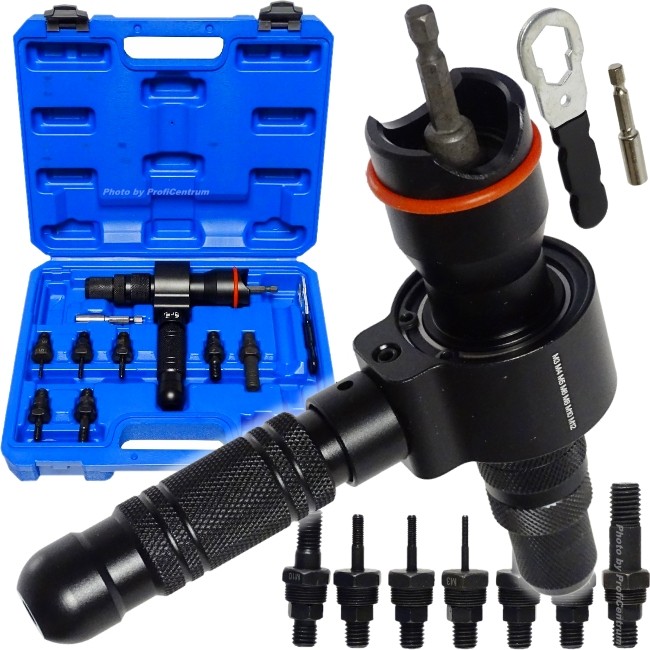 Nitovačka na nitovacie matice SilverTools M3-M12 s adaptérom 3v1 na skrutkovač