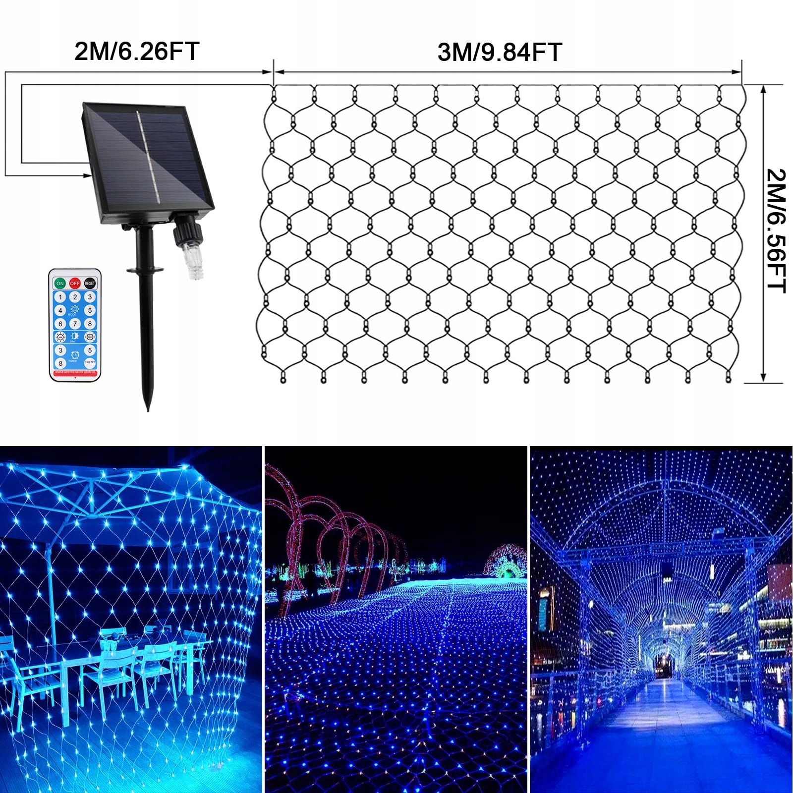 WOSKJXAS Lampki Solarne Siatka Świetlna Grilanda Ozdobna 192 LED 2x3M — miniatura 6