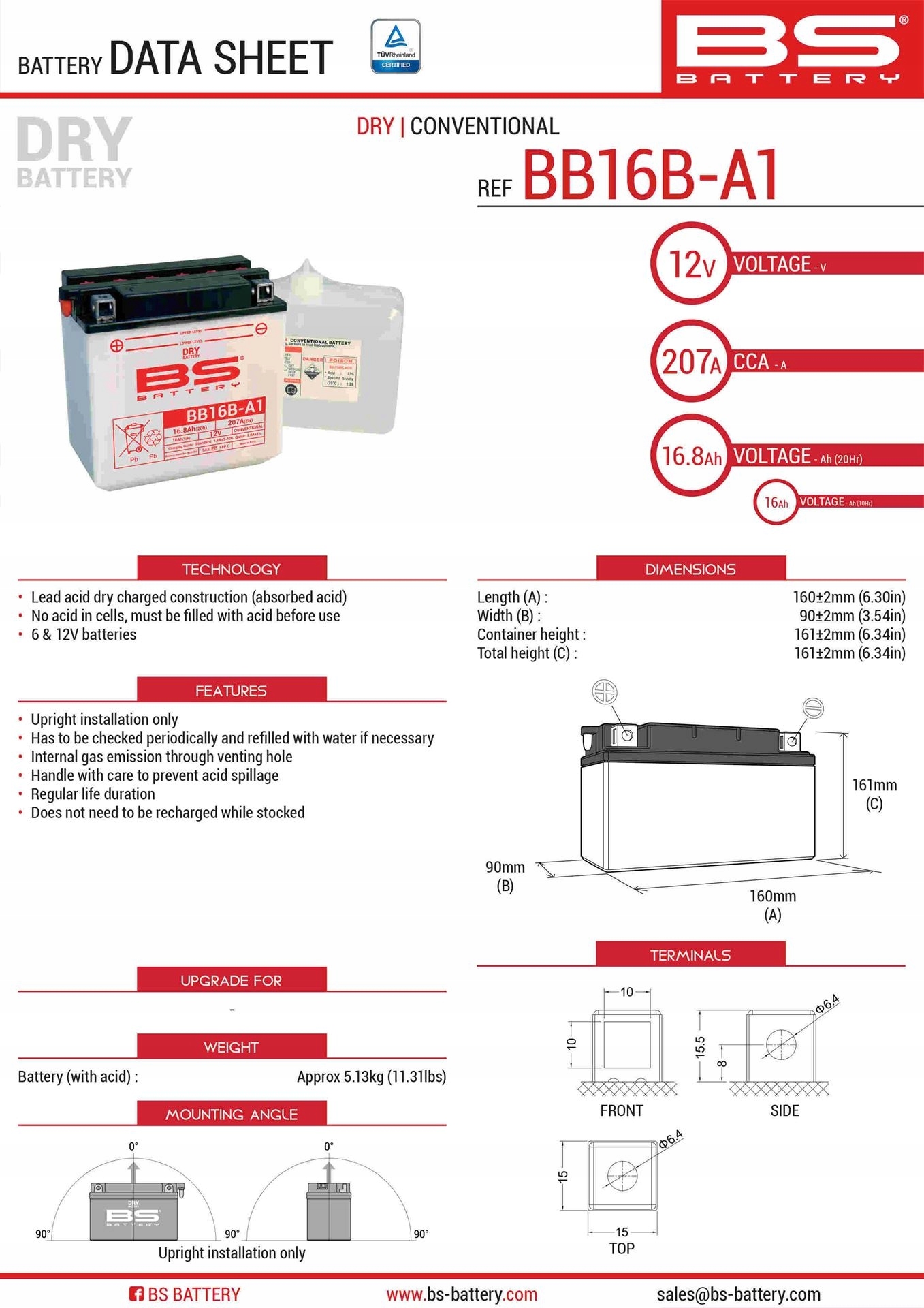 Bs Batéria BB16B-A1 (YB16B-A1) 12V 16AH 160X90X161 Podporovaná Elektroly