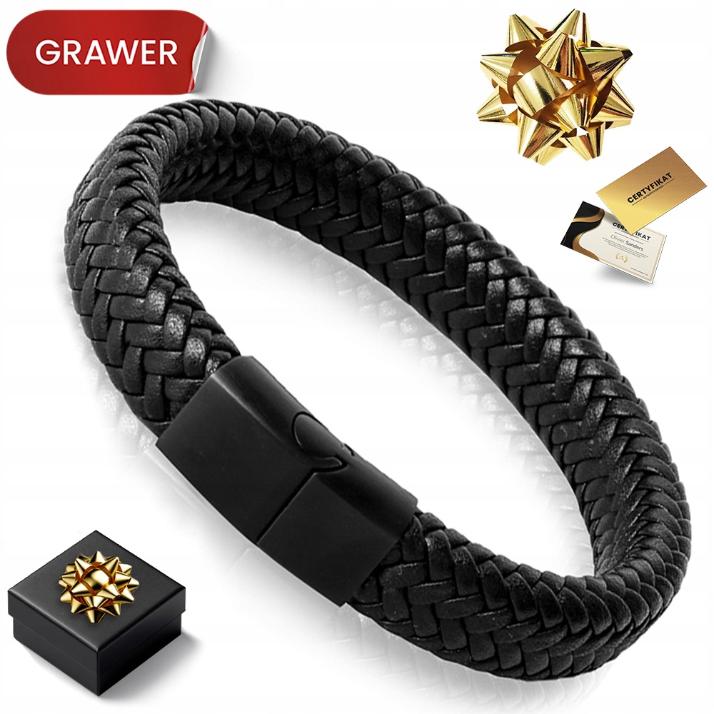 Černý Kožený Pánský Náramek Titanový Náramek S Gravírováním, Nastavitelný Jako Dárek