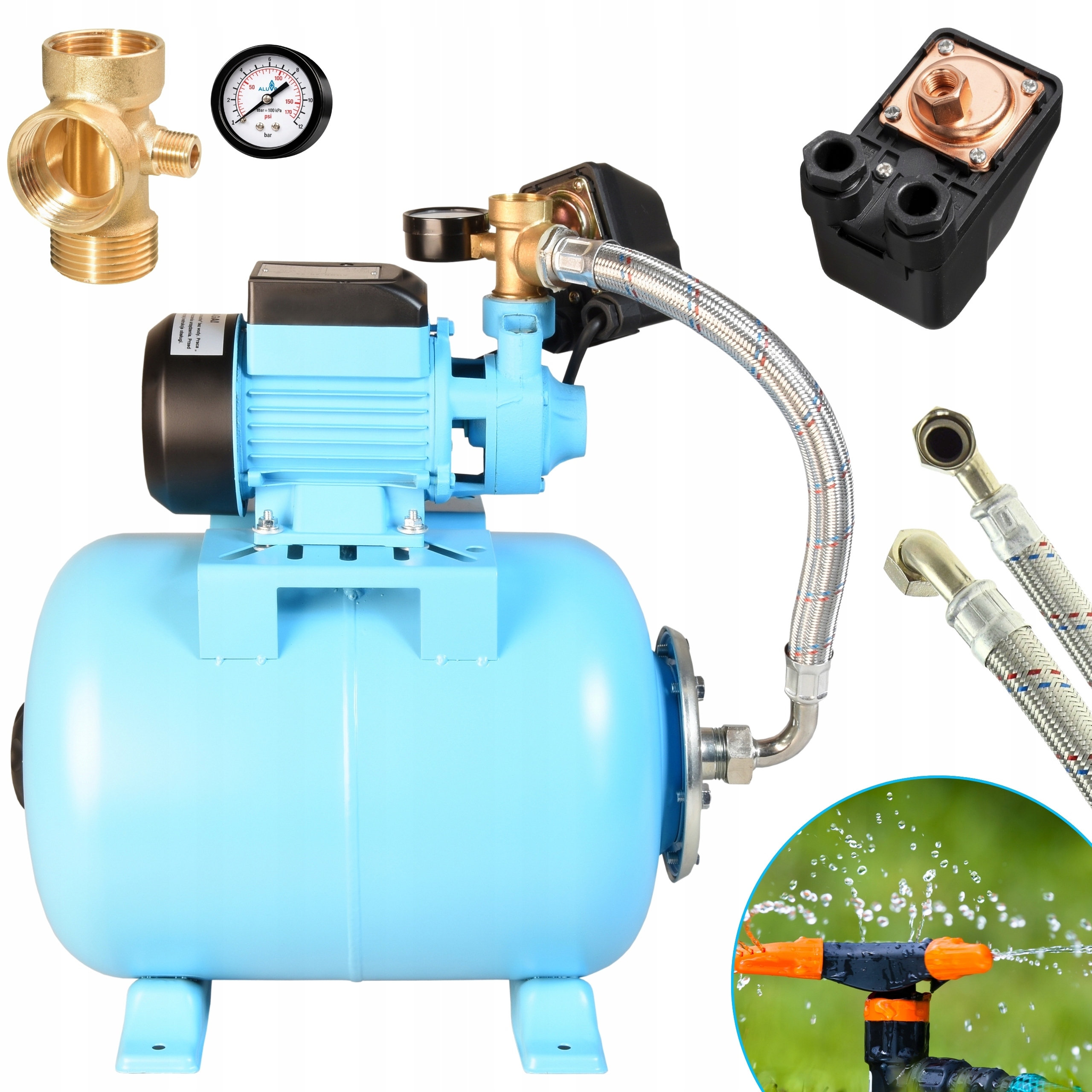 Hydrofor Čerpadlo Na Vodu 370W 35L/MIN Nádrž 24L Příslušenství Hadice Hotová Sada