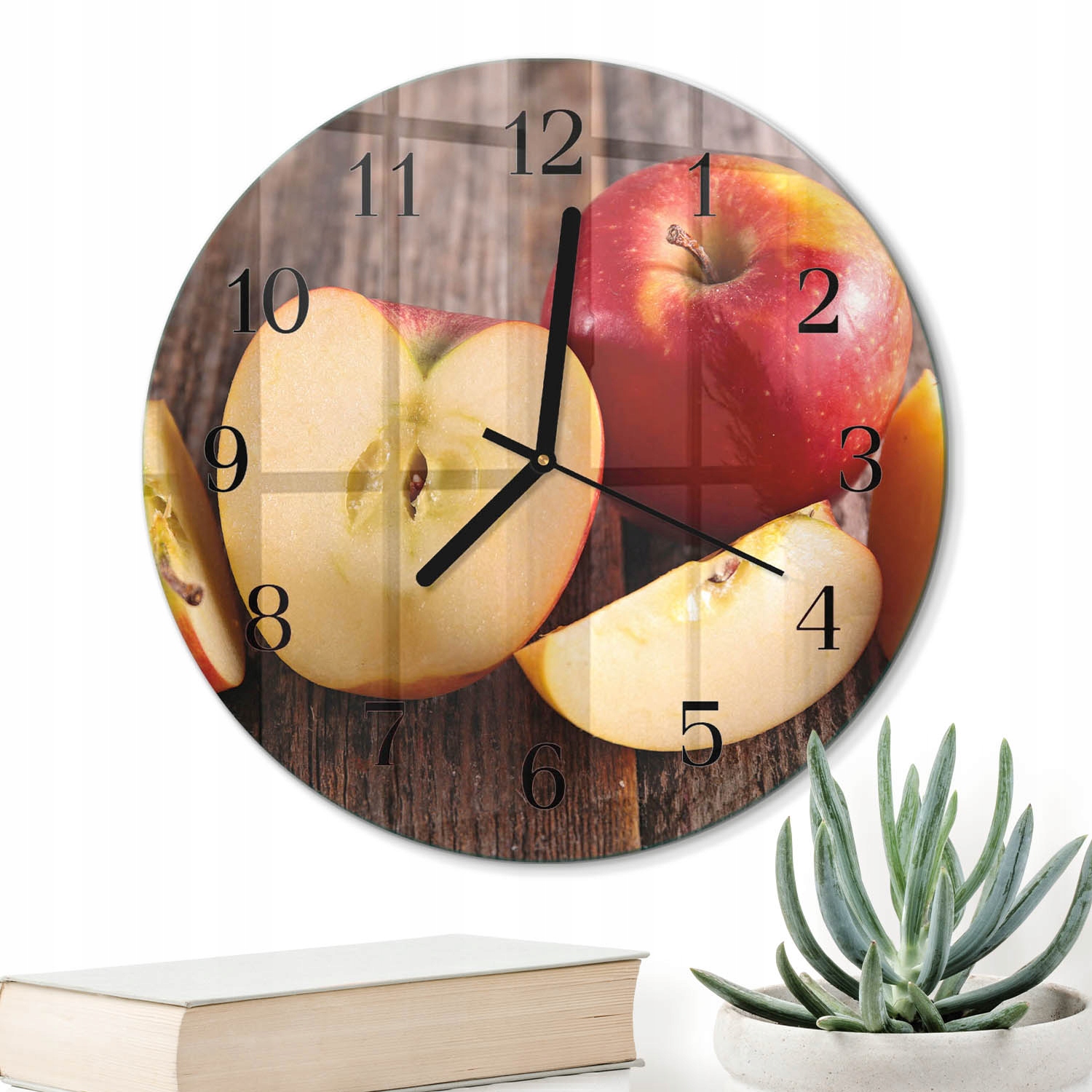 Elegantní Kulatý skleněný hodinový stroj o průměru 30 cm na zeď s grafikou Jablko
