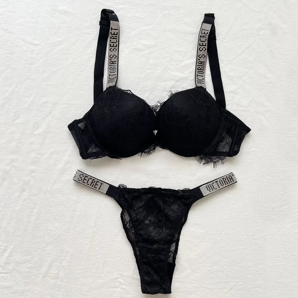 VICTORIA'S SECRET Letter bra and panty set Sexy Lace Women Underwear Thong  14510019008 