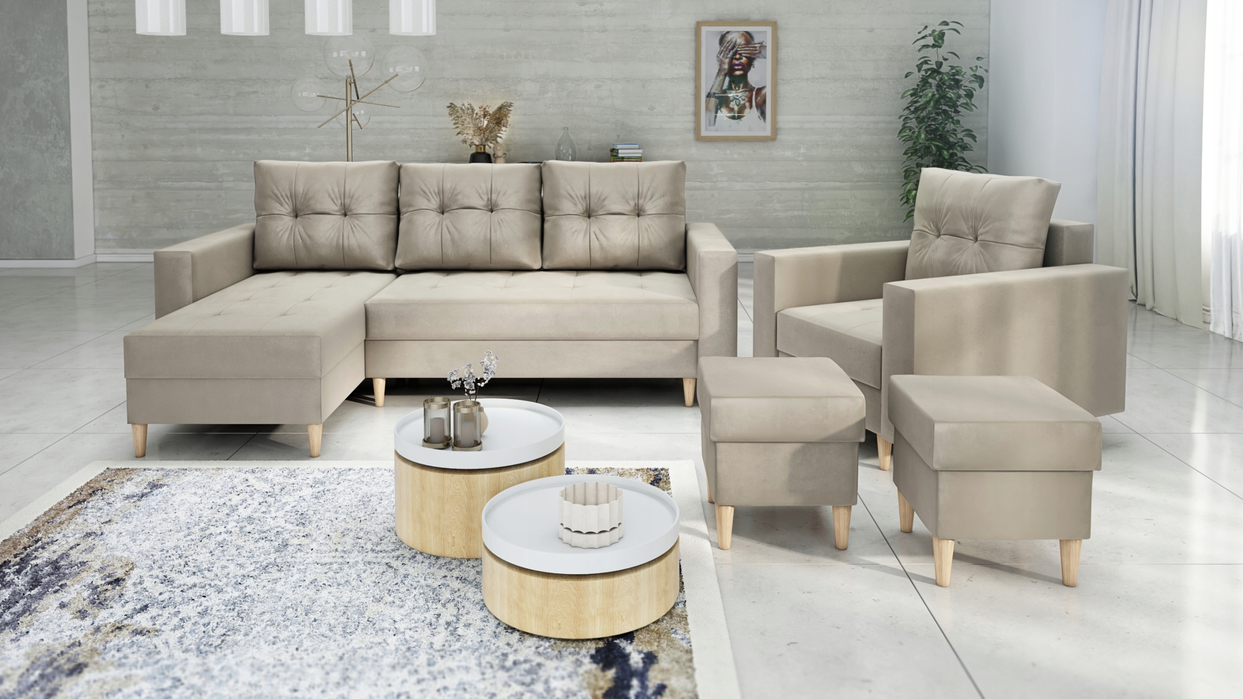 Zestaw SCANDI (narożnik, fotel + 2 pufy), kolory Kod producenta SCANDI003