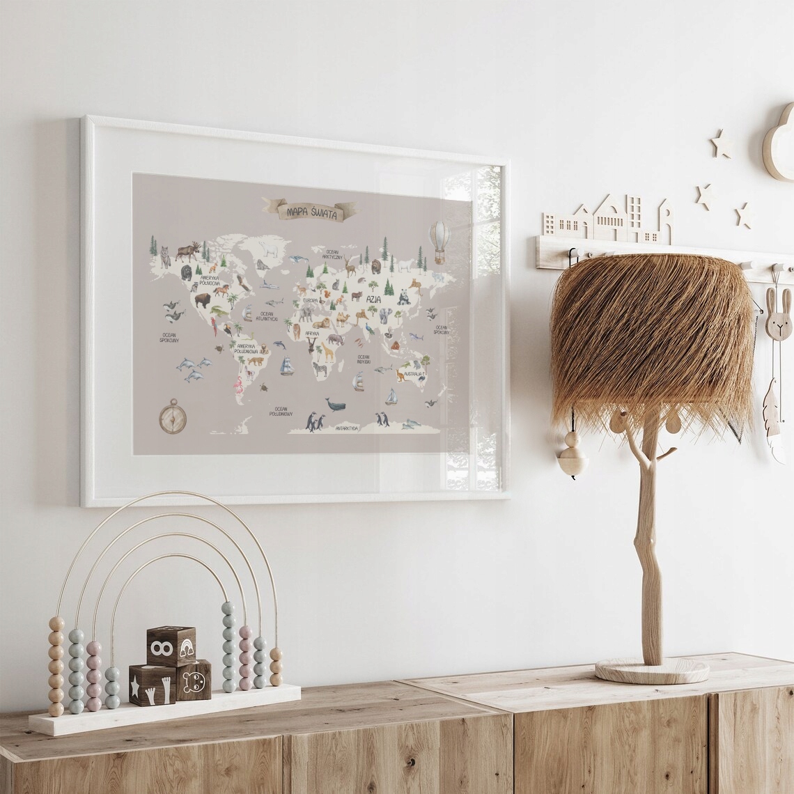 PLAKAT EDUKACYJNY MAPA ŚWIATA DLA DZIECI ZE ZWIERZĘTAMI BOHO 50x70 Kod producenta plakatovo