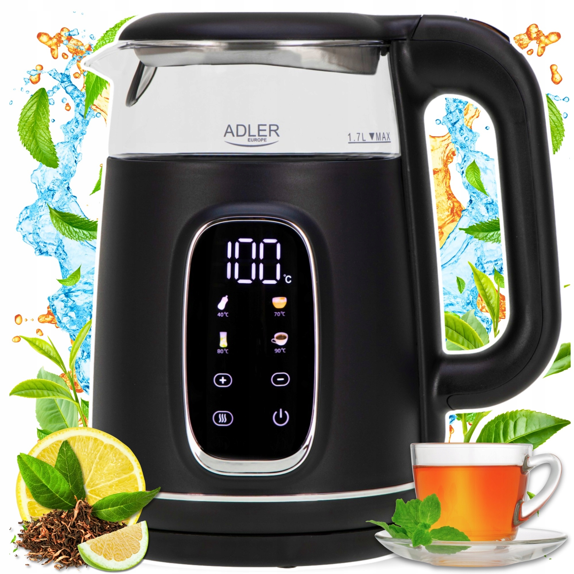 Elektrická Skleněná Konvice S Regulací Teploty Černá Led 1,7 L 2200 W