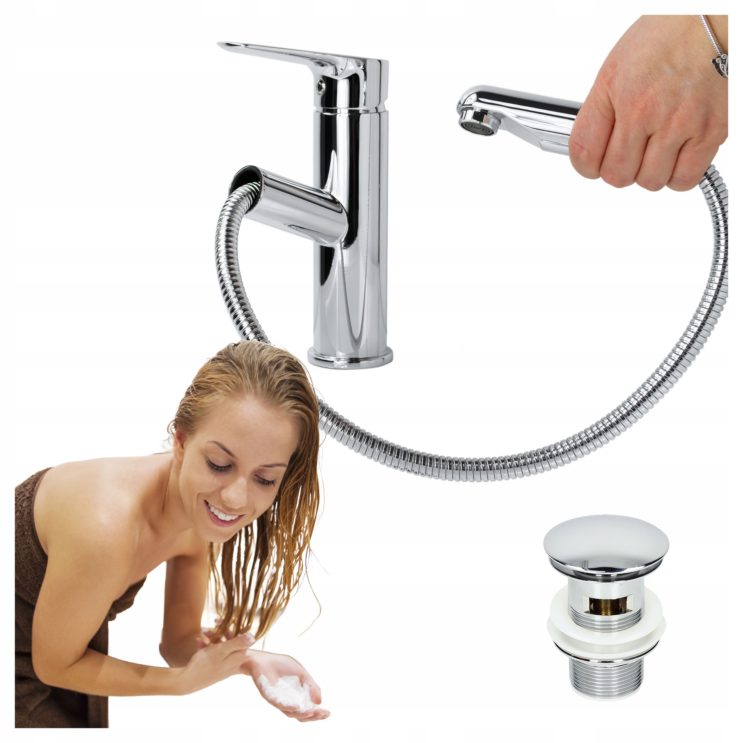 Stojanková umývadlová batéria pre umývadlo s hadicou a výsuvným výtokom, zátka