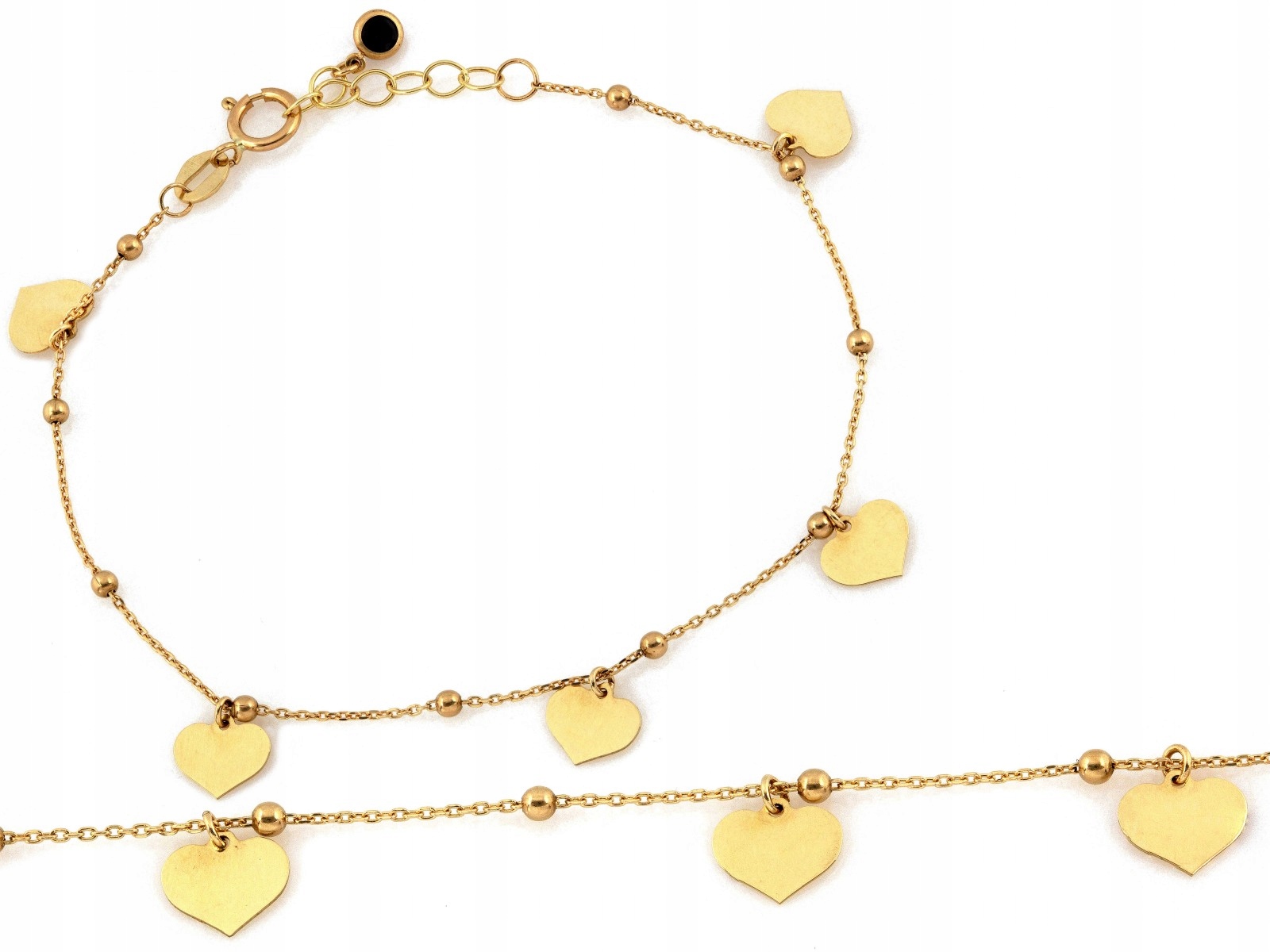 Zlatý náramek 585 s kuličkami a visícími srdíčky r19 srdíčka dárek