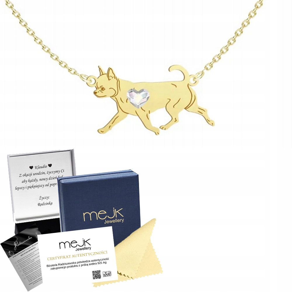 Zlatý náhrdelník s psem Chihuahua Krátkosrstá 925 Dedikace Gravírování Bonus