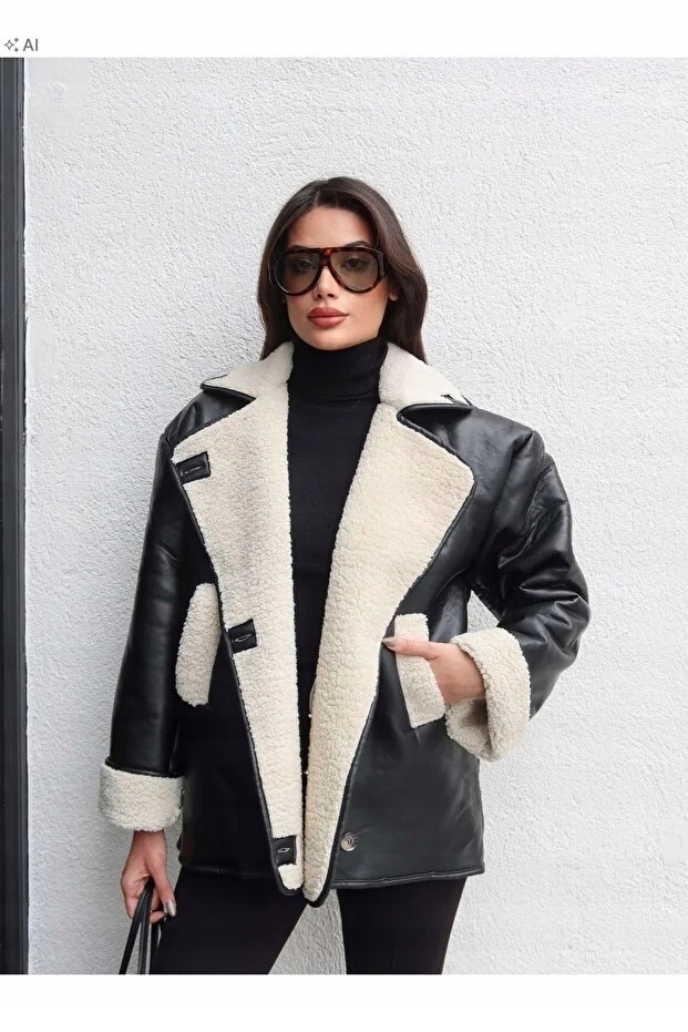 Černá Prošívaná Dámská Bunda S Eko Beránkem Oversize M 5IA