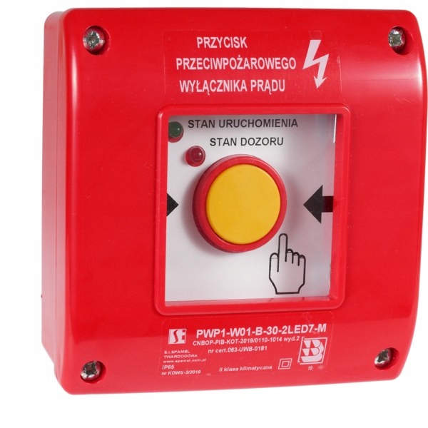Protipožární (ppoż) vypínač proudu s kladívkem PWP1-W01-A-20-2LED7M