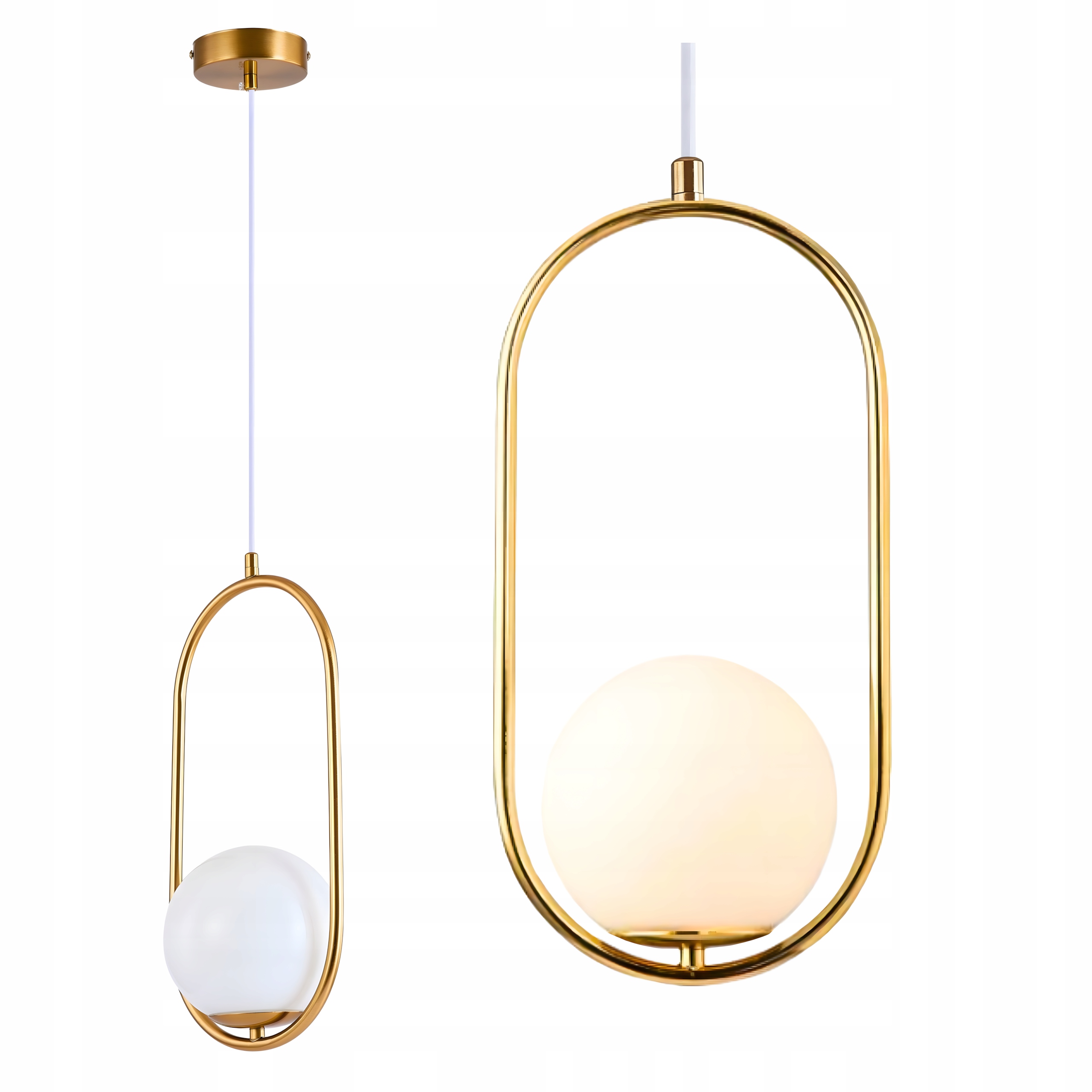 Závěsná stropní Led lampa Bílá Kula skleněná Zlatý Rám do obývacího pokoje glamour