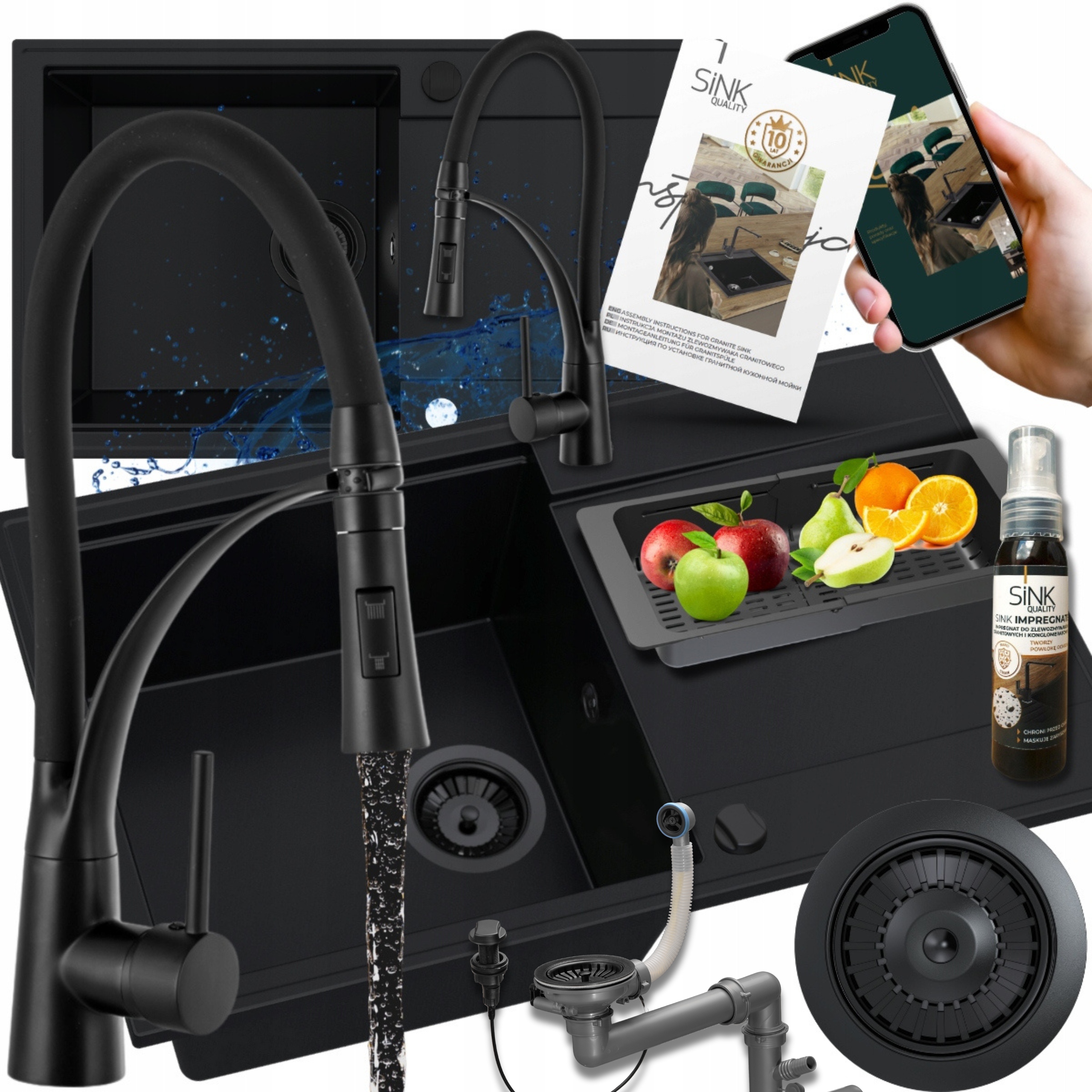 Jednokomorový Granitový dřez, černá baterie, dlouhý odkapávač Syfon 9v1