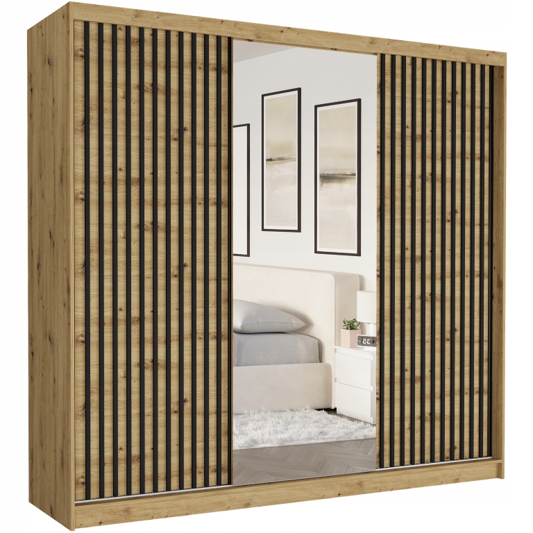 Skříň 233 cm Zrcadlo Lamele 3 Dveře Velká šatní skříň Loft