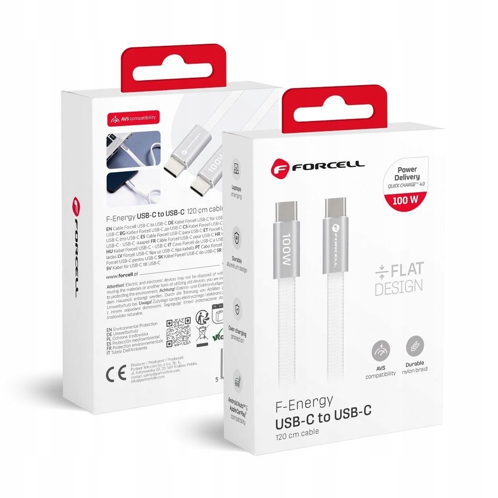 Kabel USB C do USB C Forcell F-Energy QC4.0 PD 5A 100W Cafule Flat 1,2 m CC