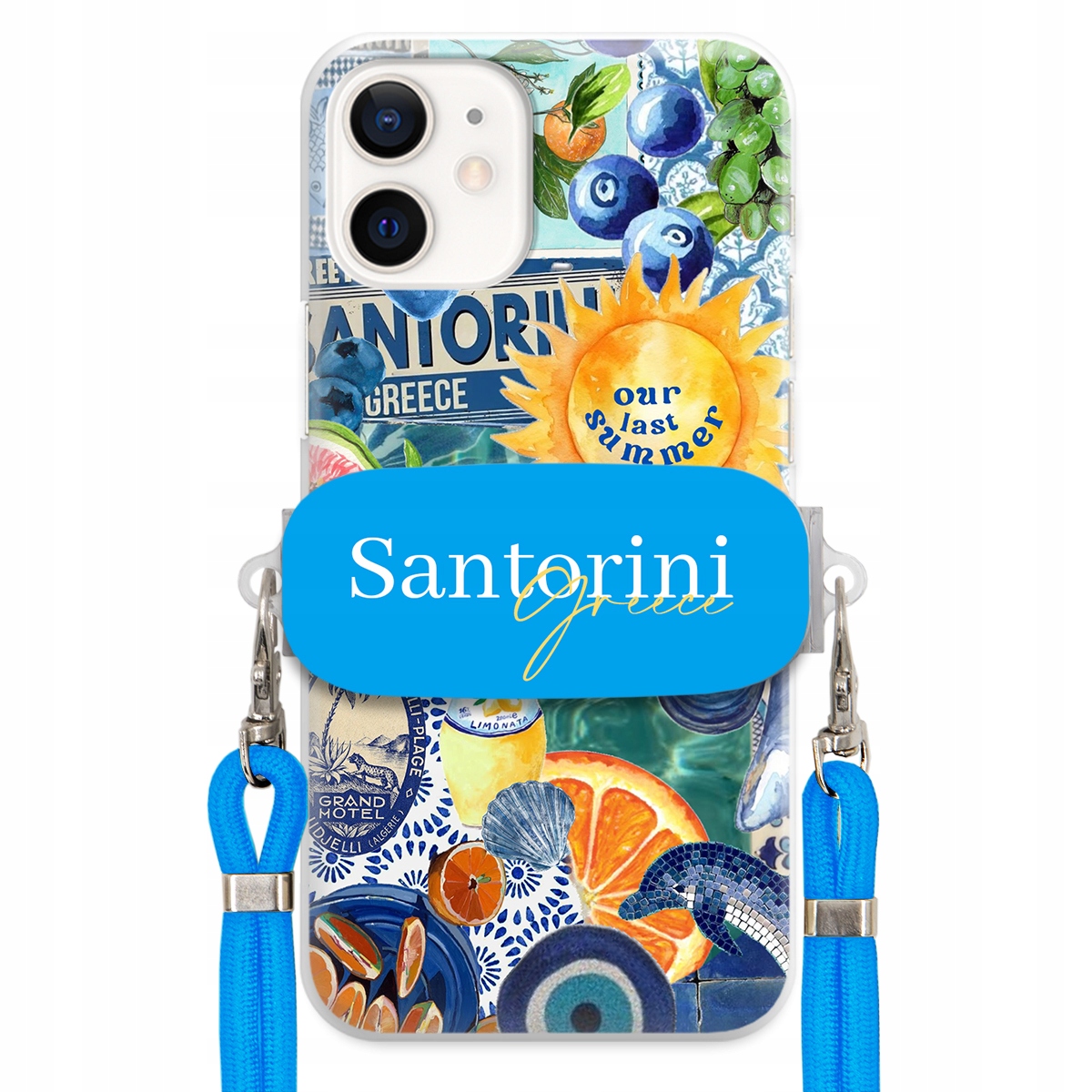 Puzdro pre iPHONE 12 Mini Modré Crossbody vodítko držiak Santorini Greece
