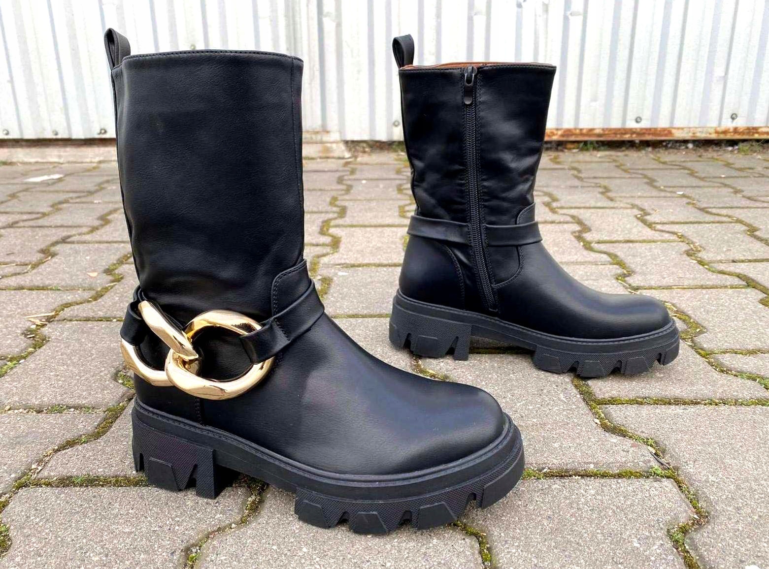 BOTKI DAMSKIE OCIEPLONE ŁAŃCUCH WORKERY CZARNE R38 Model M599 CZARNE