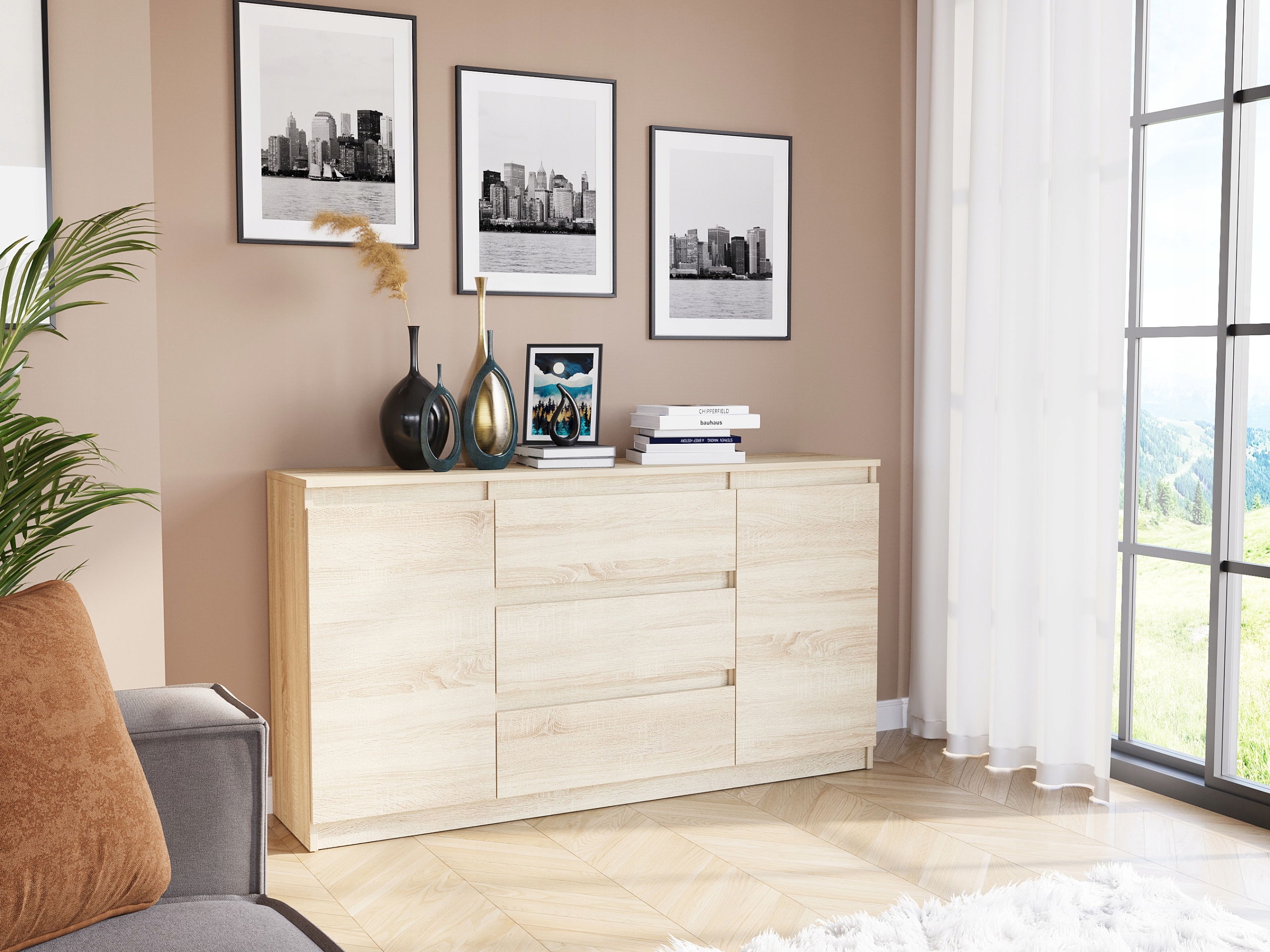 KOMODA 140 SZAFKA 3 SZUFLADY 2 PÓŁKI R-140-S3 SONOMA