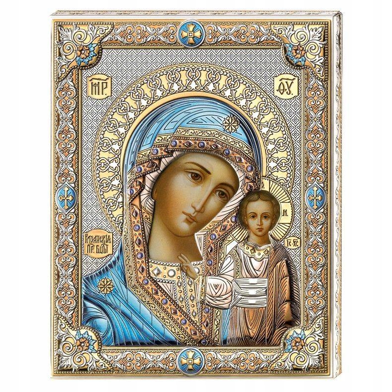 Srebrna Ikona Matki Boskiej Kazańskiej z kolorem Rozmiar: 20x26 cm