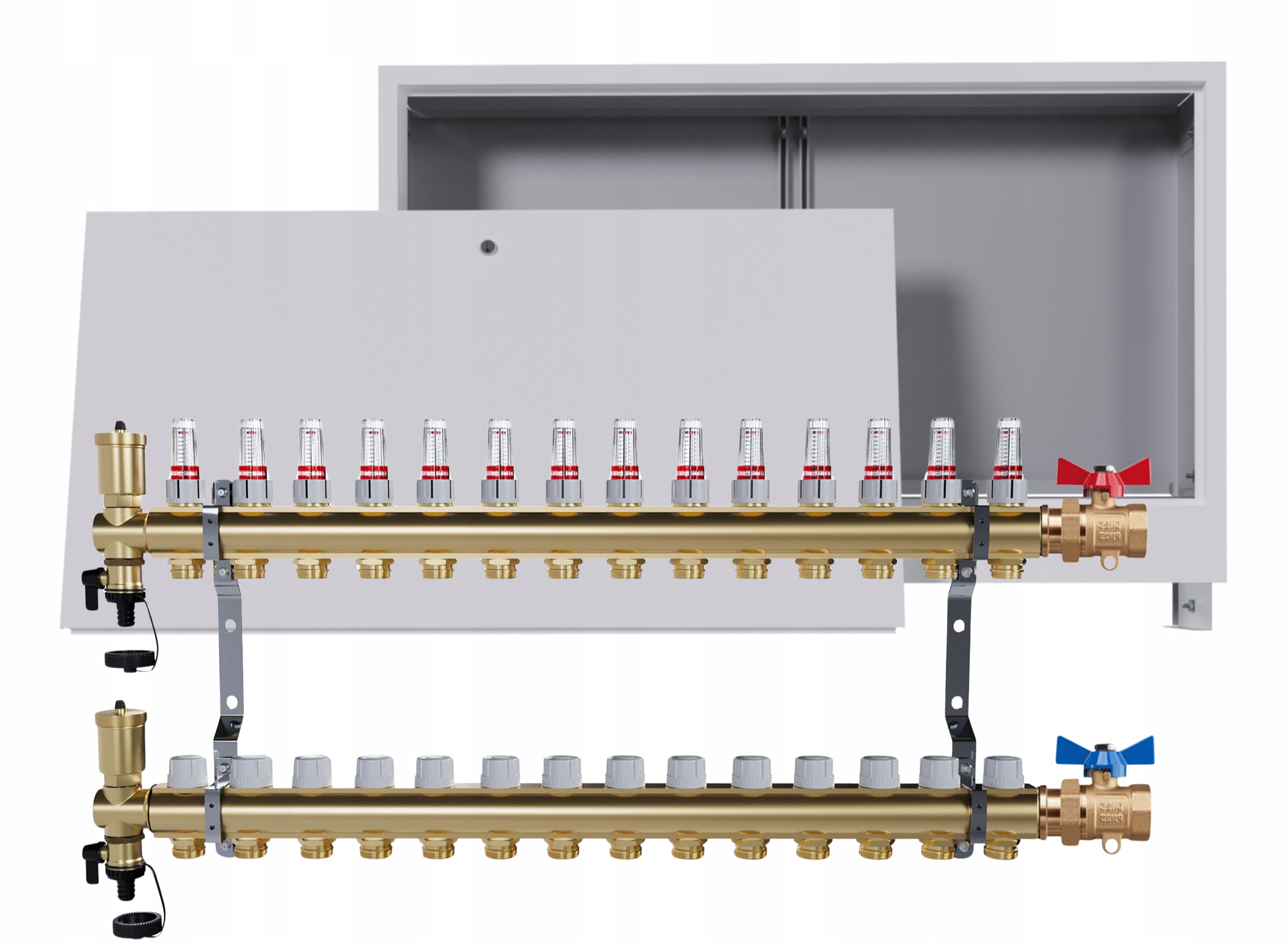 Rozdělovač podlahových krytin mosazný 14 obvodů podomítková skříňka jednoduchý ventil