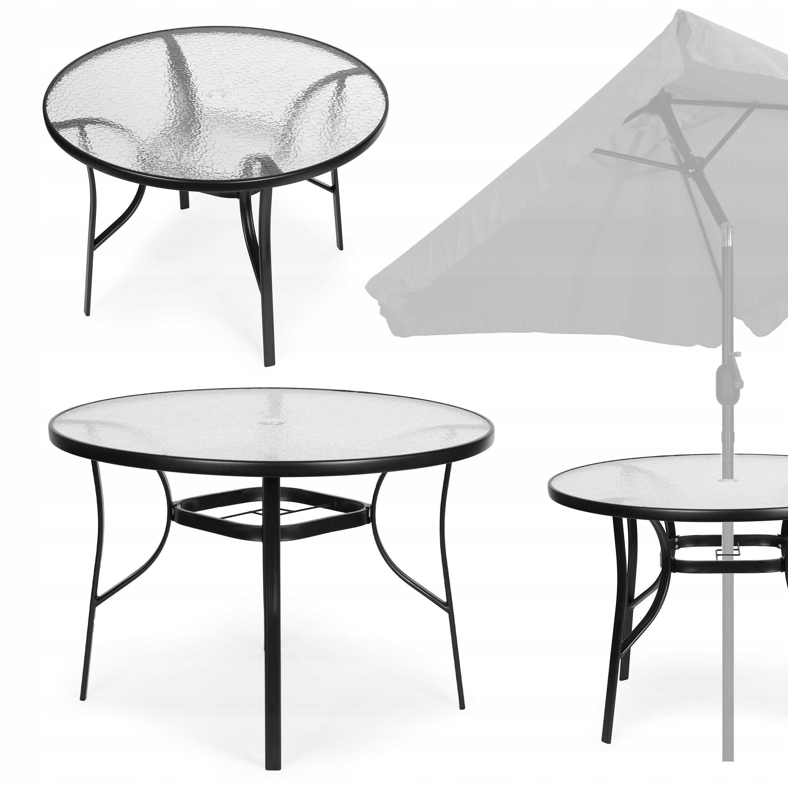 Okrúhly záhradný stolík 105 cm na terasu, záhradu, balkón, tvrdené sklo, otvor