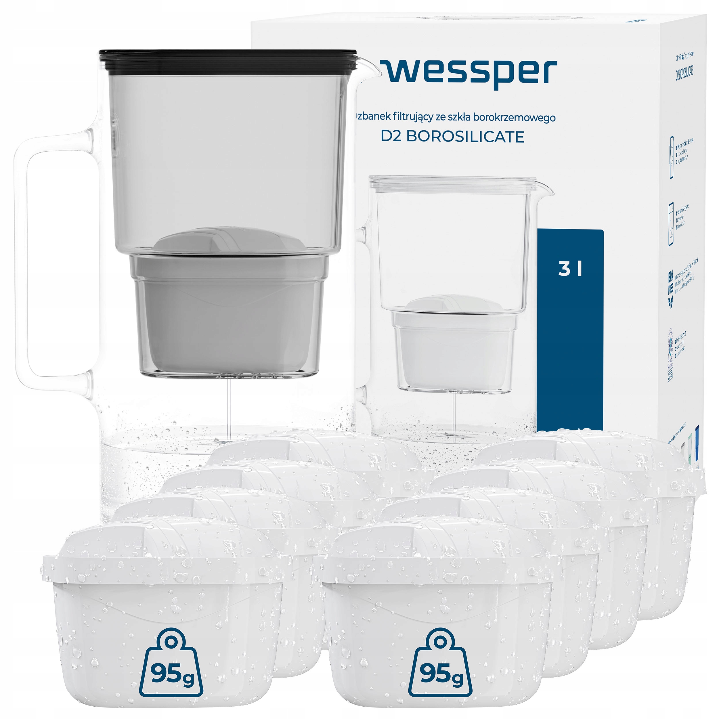 Filtrační konvice skleněná Wessper D2 Borosilicate 3l 9x filtr aquamax