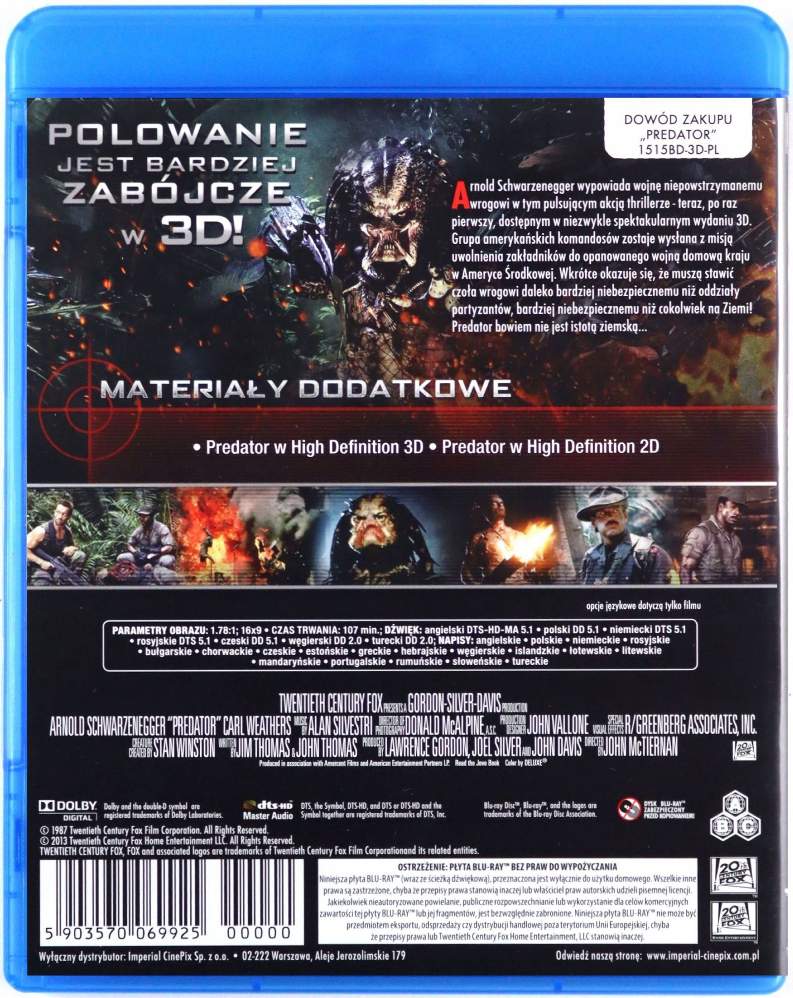 PREDATOR (A. Schwarzenegger) [BLU-RAY 3D] Stan opakowania oryginalne