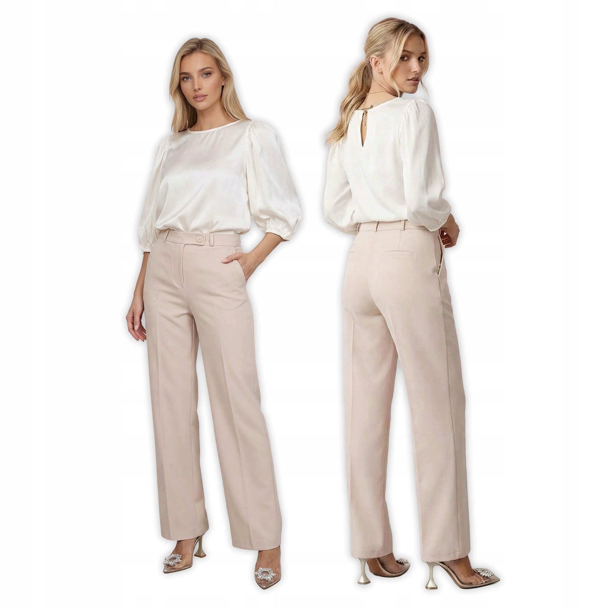 Elegantní Bb kalhoty s širokou nohavicí ve vysokém střihu, béžové 40