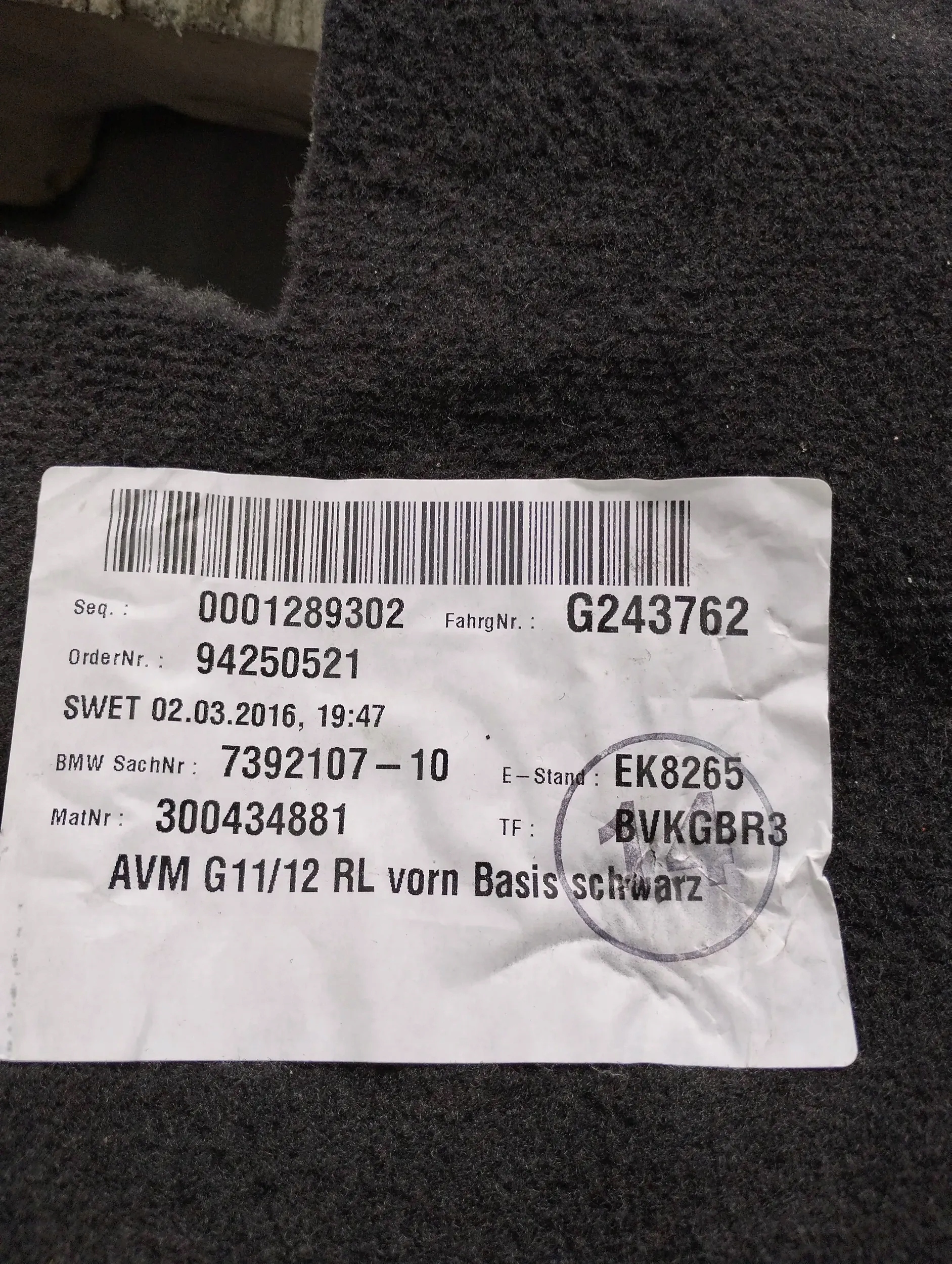 BMW 7 G11 AUTOTEPPICHE Matte Teppich 7392107